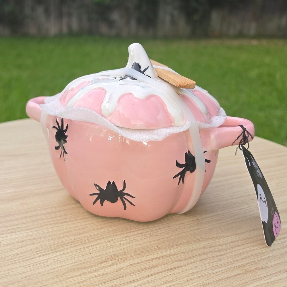 Pink Pumpkin Mini Baker with Spreader Halloween Ceramic Spider Dish 7x5x4.3in